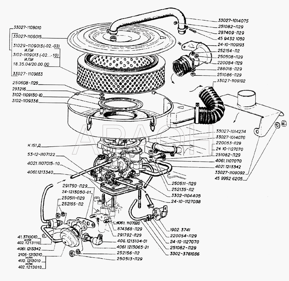 Карбюратор, фильтр воздушный, электромагнитный клапан, клапан рециркуляции с термовакуумным выключателем, вентиляция картера двигателей ЗМЗ-406 ГАЗ-2705 (дв. ЗМЗ-402)